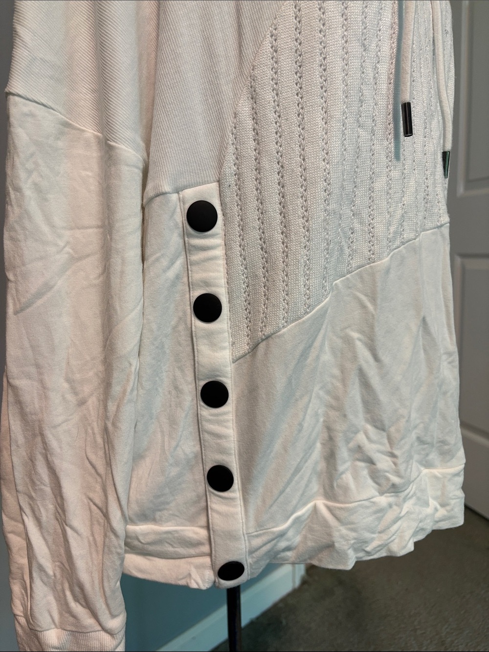 CAbi #5920 White ATC Roundtrip Hooded Side Button Accent Sweatshirt - Picture 4 of 10